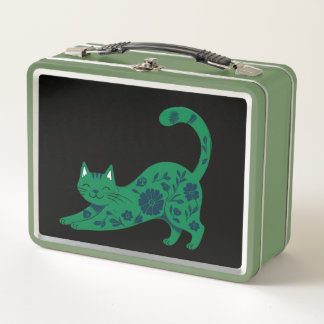 Caja de almuerzo de gato floral verde
