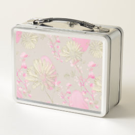 Caja de almuerzo de metal de flores rosadas dorada