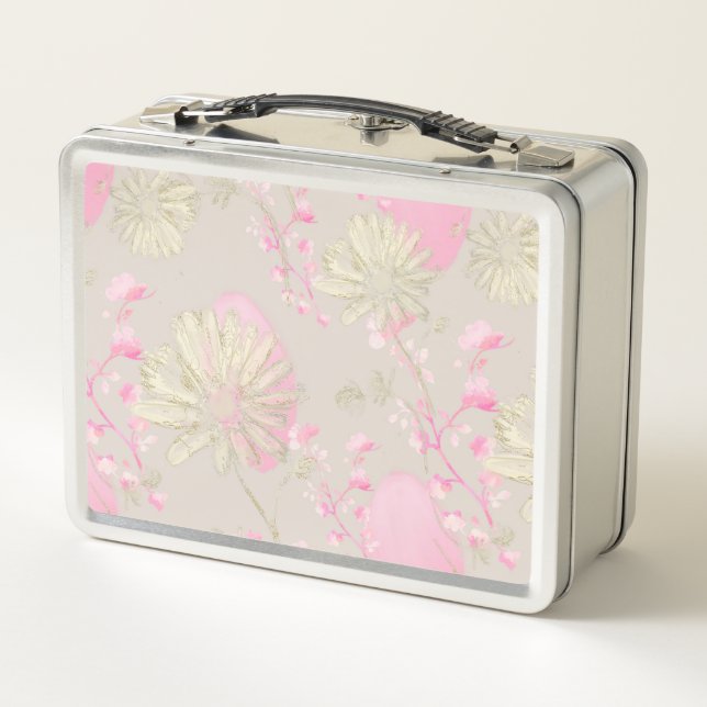 Caja de almuerzo de metal de flores rosadas dorada (Reverso)