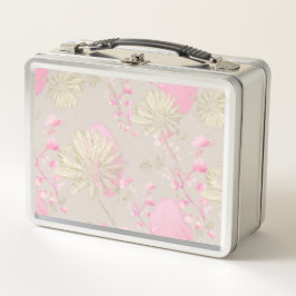 Caja de almuerzo de metal de flores rosadas dorada
