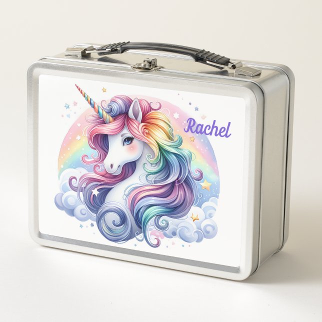 Caja de almuerzo de metal de unicornio y arcoiris (Anverso)