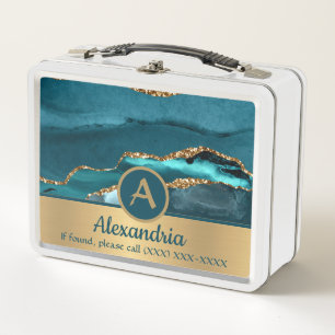 Caja de almuerzo de metal geoda de ágata dorada ve