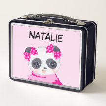 Caja de almuerzo de metal rosa de niña panda