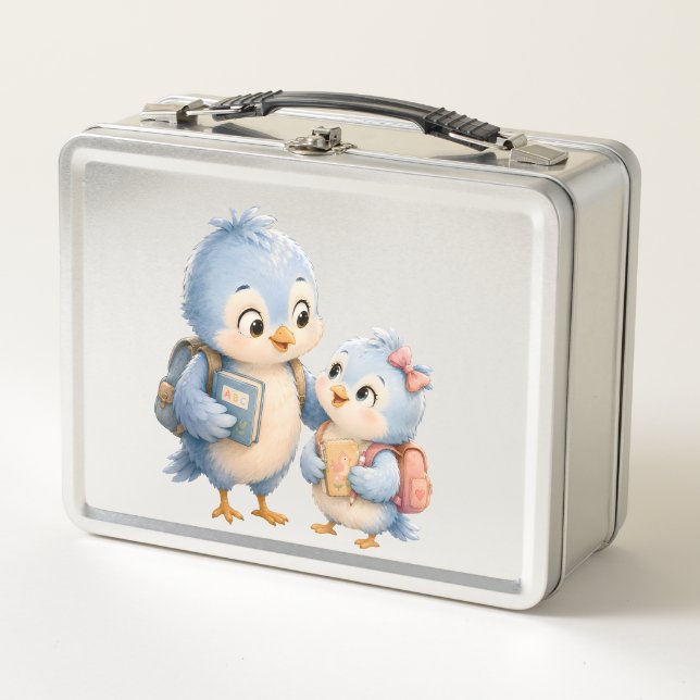 Caja de Almuerzo de Plata Pájaros Azules Lindos (Anverso)