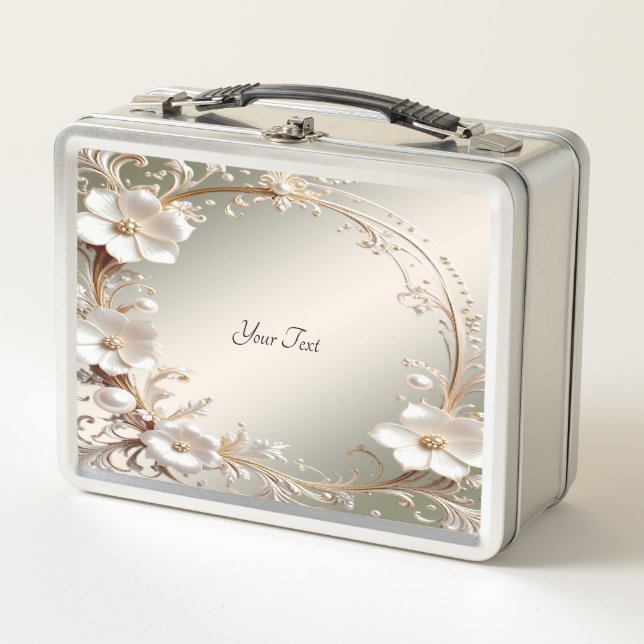 Caja de almuerzo floral blanca ornamentada (Anverso)