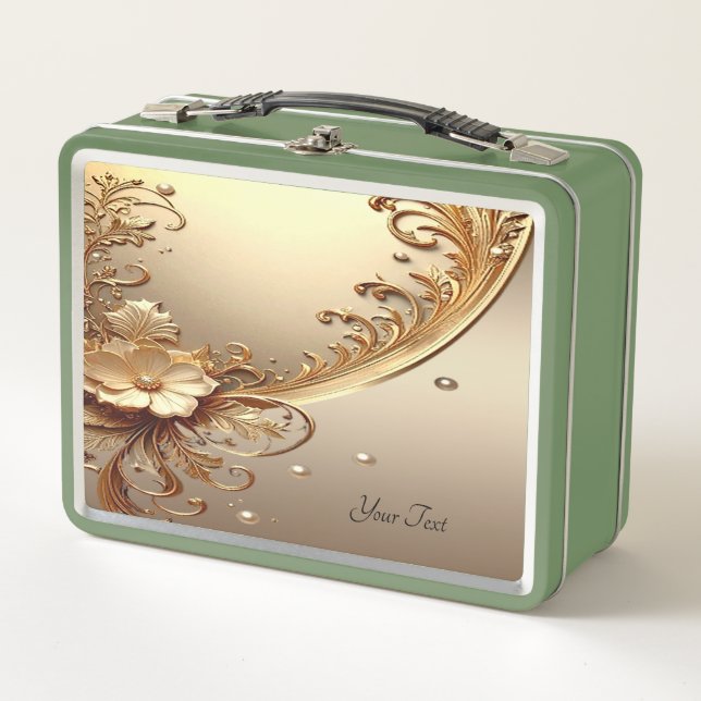 Caja de almuerzo floral dorada ornamentada (Anverso)