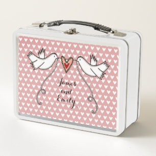 Caja de almuerzo Metalizado Boda de palomas blanca