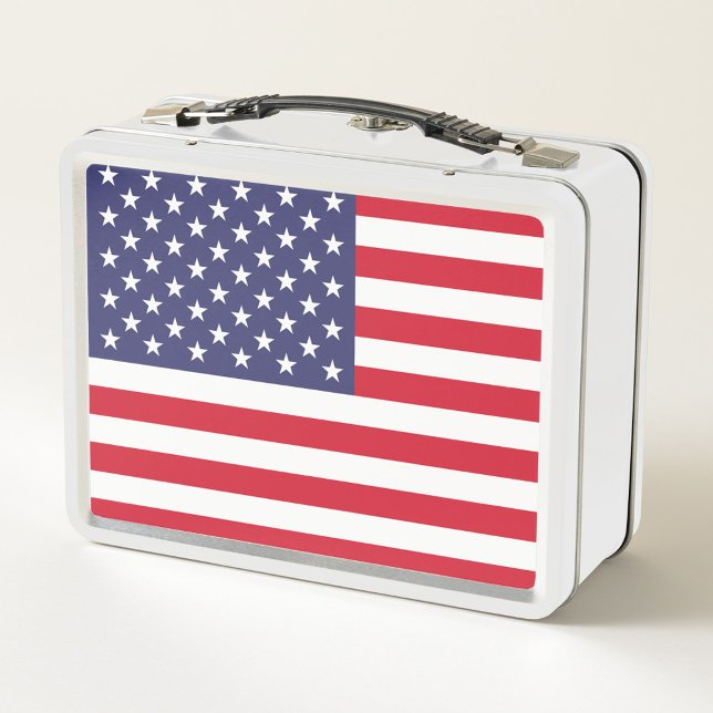 Caja de almuerzo Metalizado con bandera estadounid (A vintage lunchbox featuring the America flag design.)
