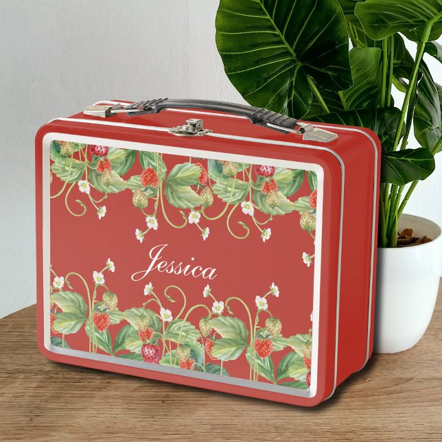 Caja de almuerzo Metalizado de fresa cutánea (cute sweet cottagecore strawberry personalized lunchbox with custom name in girly calligraphy script)