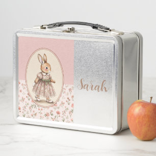 Caja de almuerzo rosa de niña conejita vintage per