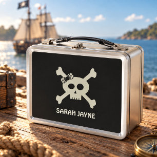 Caja de comida de metal con bandera pirata de crán