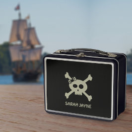 Caja de comida de metal con bandera pirata de crán