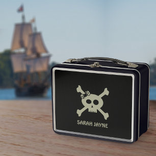 Caja de comida de metal con bandera pirata de crán