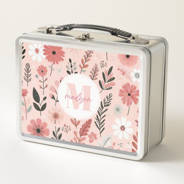 Caja De Comida De Metal De Flores Rosadas Capricho (Anverso)
