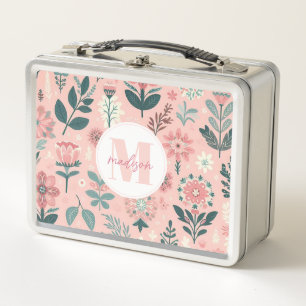 Caja de comida metálica de flores rosadas capricho
