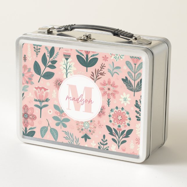 Caja de comida metálica de flores rosadas capricho (Anverso)