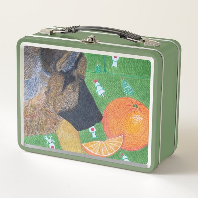 Caja de comida metálica naranja y perro (Anverso)