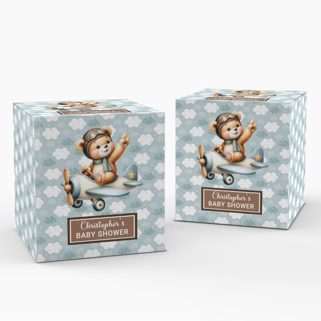 Caja de Favor Baby Shower del Piloto de Osos de Te (Adorable Teddy Bear Pilot Baby Shower Favor Box)