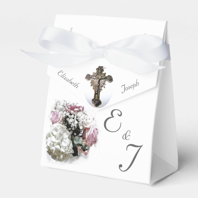 Caja de Favor de Boda Católica con Flores Blancas  (Front Side)