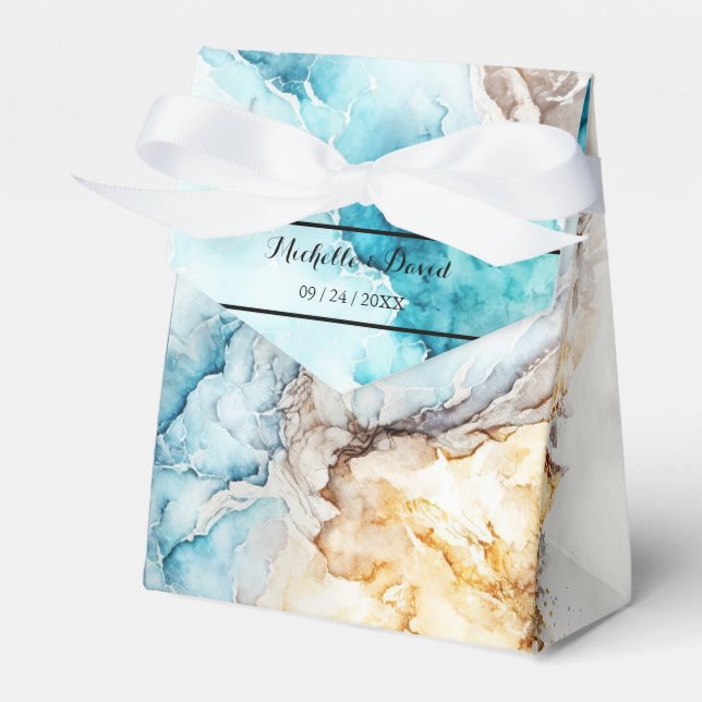 Caja De Favor De Boda De Marble Azul Y Oro De Lujo (Front Side)