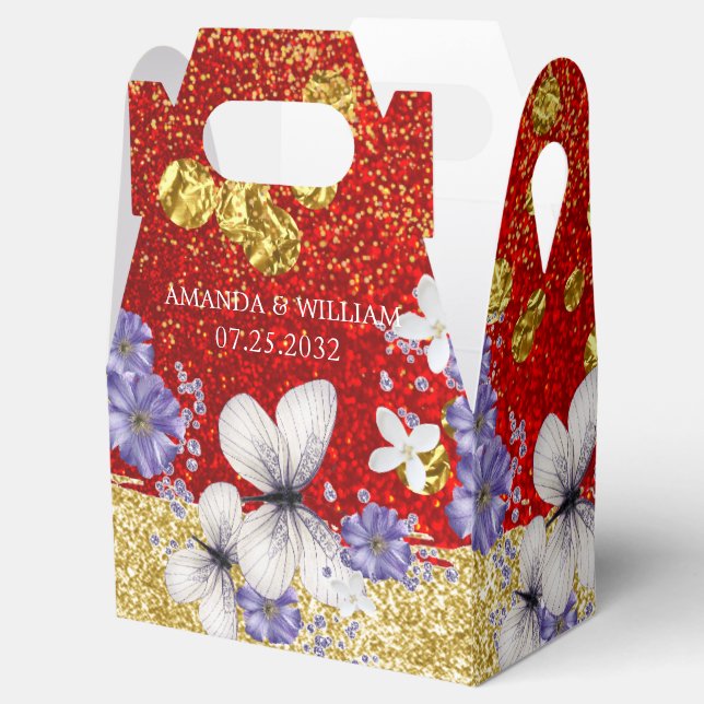 Caja de Favor de Boda de Mariposas de Oro Rojo (Abierto)