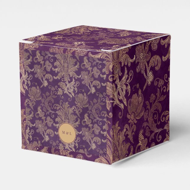 Caja de Favor de Boda Royal Purple Damask Monogram (Costado Anverso)
