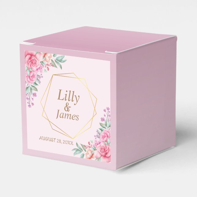 Caja de Favor de Bodas Rosadas Florales (Costado Anverso)