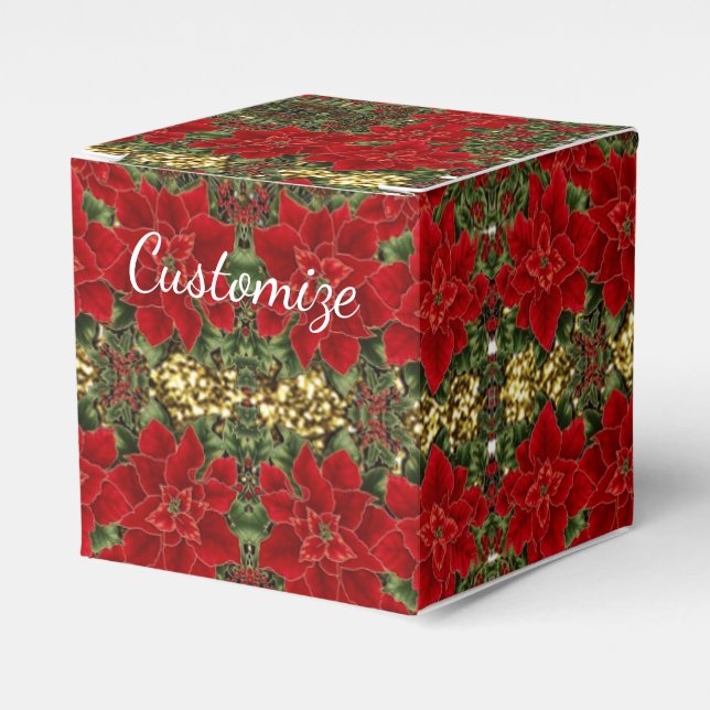 Caja de Favor de Cubo de Patrón de Poinsettia Rojo (Costado Anverso)