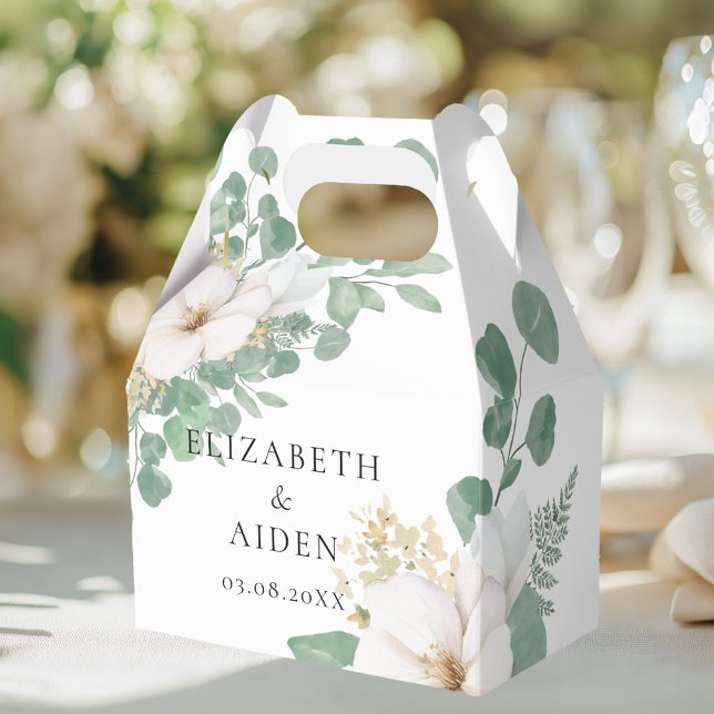 Caja de Favor de la Colección de Bodas Florales de (Eucalyptus Floral Beige Wedding Collection Favor Boxes. White, greenery,floral with your name & date)