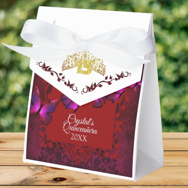 Caja de Favor de Quinceanera de la Mariposa de Tia (Red Quinceanera gift box, favor box to say thank you. Red decorative border, gold tiara & glitter 15)