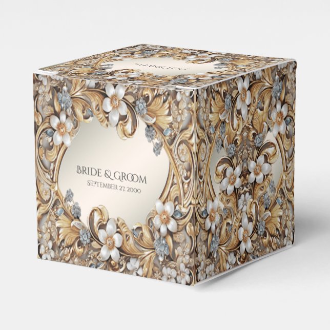 Caja de Favor Floral Blanca Dorada Decorativa (Costado Anverso)