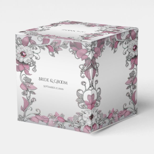 Caja de Favor Floral Blanca Plata Rosa (Costado Anverso)