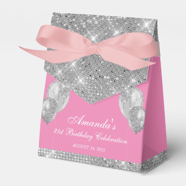 Caja de Favor Personalizable Rosa y Plata Glam (Front Side)