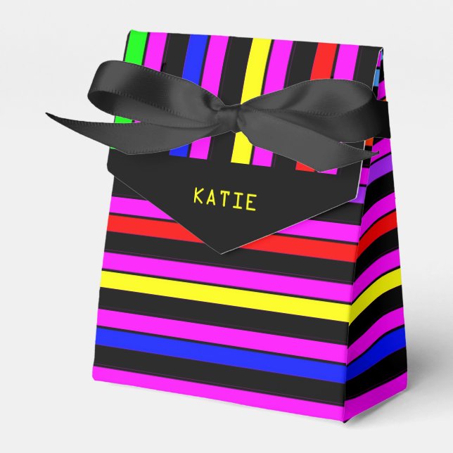 Caja de Favor Personalizada de Neon Stripes Party (Front Side)