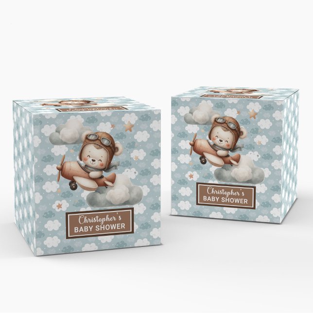 Caja de favoritos de Baby Shower del piloto de osi (Rustic Teddy Bear Pilot Baby Shower Favor Box)