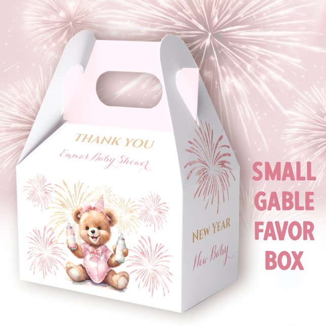 Caja de favoritos de Baby Shower para Chica rosado (New Year Pink Bear Small Gable Favor Box -  You can choose from 3 sizes of these gable favor boxes)