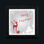 Caja de Joyas Rojo, Gray Merry Christmas Snowflake<br><div class="desc">¿Darle a un ser querido joyas especiales a estos Navidades? Completa el paquete con esta festividad de madera gris, blanca y roja "Feliz Navidad" y una caja de regalo de joyería con baldosas de cerámica, un ciervo rojo con cuernos adornados con bayas y hebillas, un regalo rojo con cintas, copos...</div>