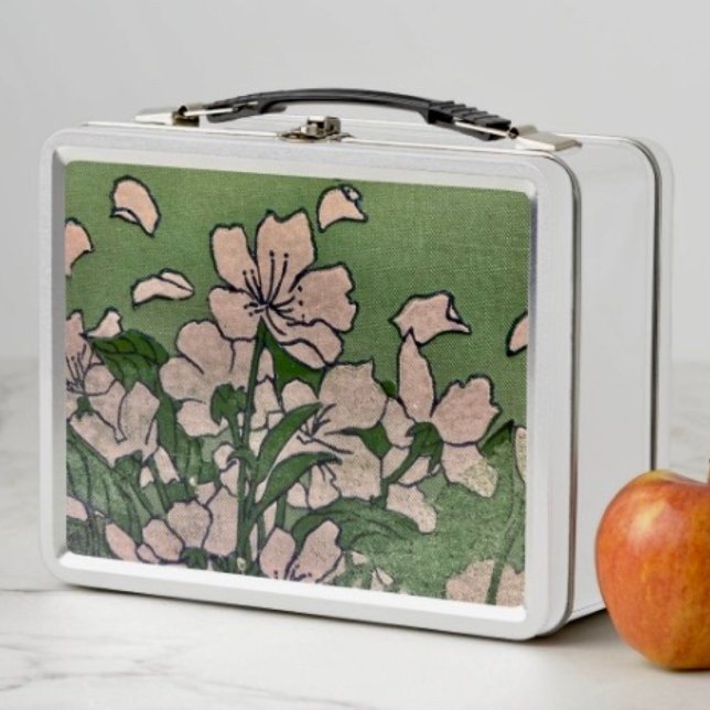 Caja de metal de cascada de flor de rosa (Metal lunch box D: 6.75” l x 8.625” w x 3.75” h. 12 oz. Food safe tin plate. Choice of 6 base colors)