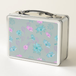 Caja de metal floral azul claro y rosa para almuer