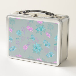 Caja de metal floral azul claro y rosa para almuer