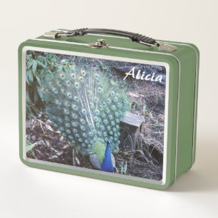 Caja de metal para almuerzo de pavo real y escriba