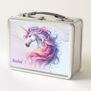 Caja de metal para almuerzo de unicornio rosa y az