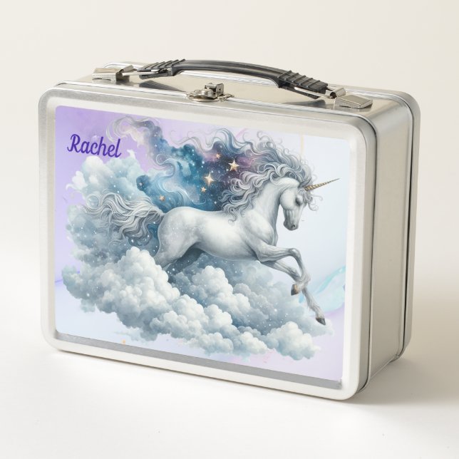 Caja de metal para almuerzo de unicornio rosa y az (Anverso)