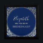 Caja de propuestas de la dama de honor azul de la<br><div class="desc">Caja de propuestas sencilla,  moderna,  elegante,  azul marino de la Bridesmaid con marco floral de estilo art-deco dorado.</div>