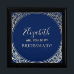 Caja de propuestas de la dama de honor azul de la<br><div class="desc">Caja de propuestas sencilla,  moderna,  elegante,  azul marino de la Bridesmaid con marco floral de estilo art-deco dorado.</div>