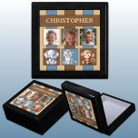 Caja De Regalo 3 foto lindos animales nombre kesake azul marrón<br><div class="desc">Mantén la caja de regalo para los niños. Reemplace las 3 fotos con las suyas y agregue un nombre. Marrón,  azul y crema,  con rayas y lindos animales para bebés.</div>