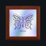 Caja De Regalo Blue Butterfly Holographic Monograma Nombre modern<br><div class="desc">Dibujo de línea de bonito de una mariposa con su nombre debajo. El diseño de mariposa abierta permite que el fondo holográfico azul se muestre.</div>