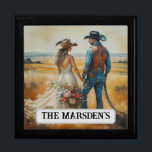 Caja De Regalo Boda de color del país occidental<br><div class="desc">Country Western Boda Watercolor Gift Box. Pintura romántica de recién casados en un ambiente rústico de campo, dedicado a empezar juntos sus vidas. Esta imagen fue hecha en parte por AI. Parece una pintura acuarela hecha a mano. Hace un gran regalo para los recién casados de vaqueros y vaqueros. Simplemente...</div>