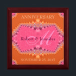 Caja de regalo de aniversario de boda de naranja  <br><div class="desc">Lugar de arte fractal único y elegante en un diseño fresco de encaje adamascado de color naranja y rosa dulce - Boda, Aniversario o compromiso exquisito y elegante. Personaliza con nombres, fecha de aniversario y monograma o números - hecho en una maravillosa caja de regalo de madera para guardar baratijas,...</div>