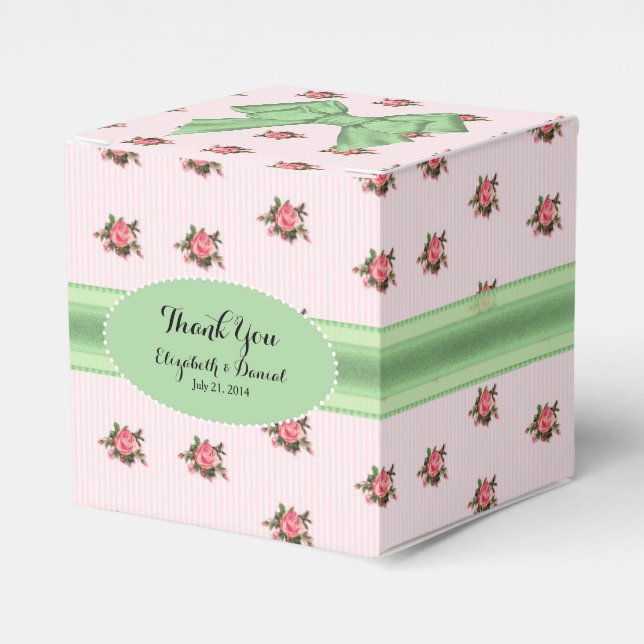 Caja de regalo de bodas de rosas rosadas y verdes (Costado Anverso)